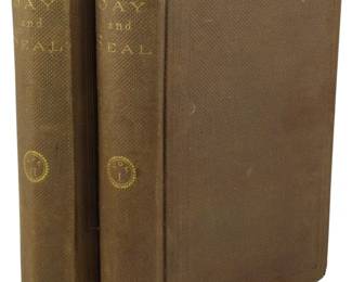 66 - 1860 First Ed. Say and Seal in Two Volumes (Description): Say and Seal in two volumes, first edition  published in 1860 by J.B. Lippincott & Co.  The set features brown cloth boards with gilt  lettering on the spines and decorative  blind-stamped covers. Both volumes show wear consistent with age, including some fading  and rubbing to the cloth.