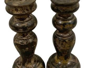 2437 - Pair Candle Prickets 7" Tall (Description): A 2-piece set of candleholders with a  weathered, distressed finish. Each  candleholder features a turned baluster form  with a pricket spike at the top for securing  candles. The pair measures 7 inches tall.