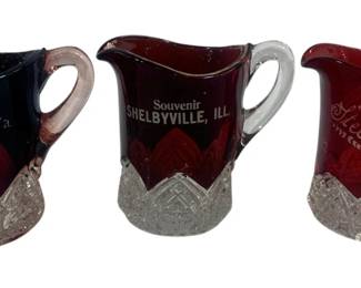 5940 - 3 Red/Clear Glass Pitchers - 4" Tall