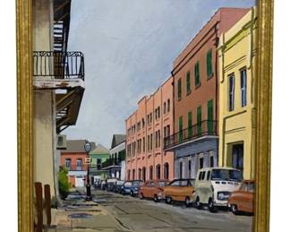 2079 - Dick Malanoski Street Scene Painting 1977 (Description): Oil on canvas painting signed by Dick  Malanoski, dated '77. The work depicts a  street scene with colorful buildings and  parked cars. Presented in a gilt frame.  Measures 21.5" x 17.5".