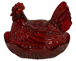 7214 - Red Glass Hen on Nest - 7 x 6 x 5.75