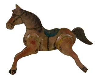2476 - Wood Horse 18"x15" (Description): A decorative wood horse featuring painted  details. The piece measures 18 inches by 15  inches.