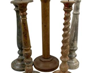 2439 - 5 Candle Prickets 14" - 16" Tall (Description): A five-piece set of candleholders in various  styles and finishes. The candleholders range  from 14 inches to 16 inches tall, featuring  turned and twisted column designs with round  bases. Several are equipped with metal pricket spikes for securing candles.