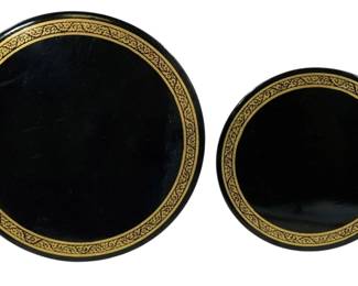 2460 - 2 Wood Frames 6" & 8" Round (Description): A two-piece set of round wood frames  featuring black lacquered finish with  decorative gold border detailing. The set  includes one 6-inch round frame and one  8-inch round frame.