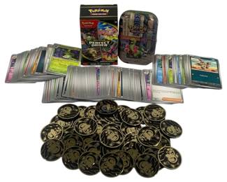 7243 - 200 Pokemon Cards, Coins, Tin and Box