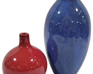 321 - Glossy Cobalt Blue & Red Art Pottery Vases (Description): Blue Vase - 8.75" tall