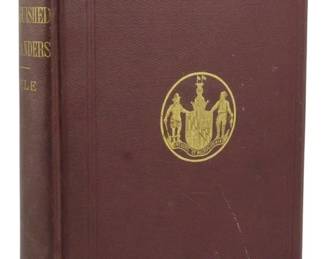 18 - 1877 1st Ed Biographical Sketches Marylanders (Description): First edition of Biographical Sketches of  Distinguished Marylanders, published in 1877.  This handsome volume features a brown cloth  binding with gilt lettering on the spine and  a decorative gilt Maryland state seal embossed on the front cover. The binding  shows decorative corner embellishments and  remains in solid condition with some wear  consistent with age.