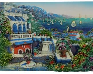 638 - Taormina Souvenir 3-D Wall Art 4.5"x6" (Description): Taormina souvenir wall art featuring a  colorful relief depiction of the Sicilian  coastal town. Measures 4.5 inches by 6  inches.