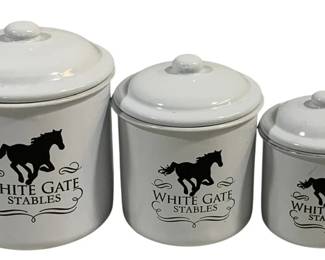 5185 - White Gate Stables 3 pc Canister Set (Description): 5". 6", 7"