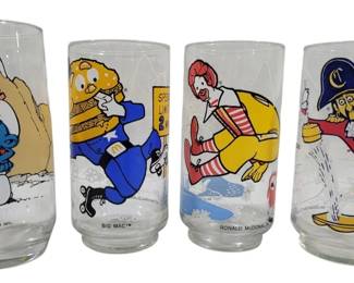 306 - 3 Ronald McDonald Glasses & 1 Smurf Glass (Description): 6" tall