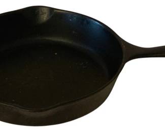 250 - Cast Iron Skillet 9" Round (Description): Cast iron skillet measuring 9 inches round.  Features a classic design with pour spouts  and a long handle with hanging hole.