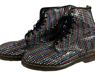 2332 - Dr. Martens Airwalk Disco Boots (Description): Dr. Martens Airwalk Boots in the "Disco"  style, featuring a distinctive rainbow  rhinestone-studded design. The boots have  black laces and the classic Dr. Martens  yellow welt stitching. Size12