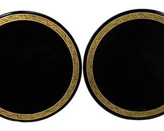 2472 - 2 Frames 10" Round (Description): A set of two round frames measuring 10 inches  in diameter. The frames feature a black  finish with decorative gold border detailing.