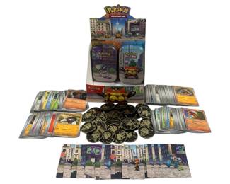 7244 - 200 Pokemon Cards, Coins, Box & 2 Metal Tins