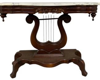 2558 - Marble Top Lyre Base Window Table (Description): 28 x 37 x 18