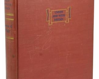56 - 1941 1st Ed. Union Now With Britain (Description): Union Now With Britain, a 1941 first edition  by Clarence K. Streit. This hardcover volume  features a red cloth binding with gilt  lettering on the spine and a decorative title  cartouche on the front cover. The book presents Streit's influential arguments for a  federal union between the United States and  Britain during the early years of World War  II.