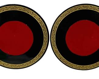 2464 - 2 Wood Frames 10" Round (Description): A set of two round wooden frames featuring a  decorative design with a red center, black  border, and ornate gold trim along the outer  edge. Each frame measures 10 inches round.