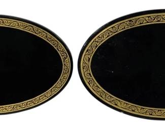 2461 - 2 Wood Frames 10.5"x7" & 11.5"x7.25" (Description): A two-piece set of wood frames featuring oval  designs with decorative gold-toned borders  against a black background. Measurements are  10.5" x 7" and 11.5" x 7.25".