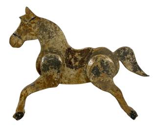 2475 - Wood Horse 18"x15" (Description): Antique painted wood horse in a trotting  pose. The piece features a flat silhouette  design with weathered painted surface showing  significant patina and age wear. Measures 18  inches by 15 inches.