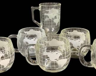 6735 - 6 Glass Mugs w/ Etched World Globe - 3", 6" Tall