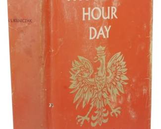 72 - 1966 1st Ed. The Thousand Hour Day w/ Dust (Description): First edition of The Thousand Hour Day, a  novel by W.S. Kuniczak, published by Dial  Press in 1966. This hardcover volume comes  with its original dust jacket featuring a  striking orange-red cover with the Polish White Eagle emblem in gold. The dust jacket  shows wear with some tears and loss to the  edges, particularly at the spine. A notable  work of historical fiction centered on the  Polish experience during World War II.