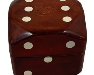 2026 - Vintage Dice Playing Card Holder 4"x4"x4" (Description): Vintage dice card holder crafted in the form  of a die with rounded edges. The wooden box  features inlaid pip details and opens to  store playing cards or other small items.  Measures 4"x4"x4".