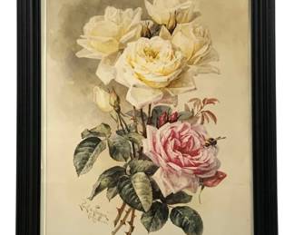 2092 - Framed Print 23"x19" (Description): A framed print featuring a floral  composition. The print is housed in a black  frame and measures 23 inches by 19 inches.