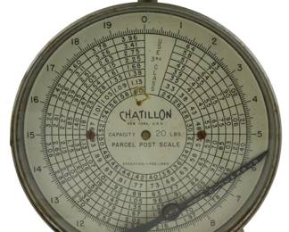 255 - Vintage Chatillon Parcel Post Scale 20 Lbs (Description): Vintage Chatillon parcel post scale from New  York, U.S.A. with a 20 lb capacity. The scale  features a gray painted metal body with a  square weighing platform and circular dial  face showing postal rate calculations effective February 1, 1960. The hand is  broken off. Measures 9"x6"x6".