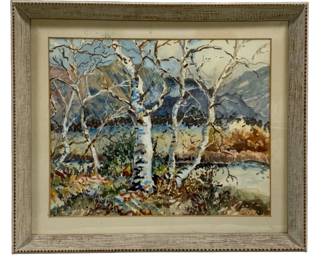 2126 - Framed Watercolor Signed 32.5"x28" (Description): A framed watercolor painting featuring a  landscape scene with birch trees in the  foreground and mountains in the background.  The work is signed by the artist in the lower  right corner. The piece is presented in a decorative frame with a linen mat. Measures  32.5 inches by 28 inches overall.