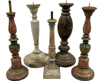 2442 - 5 Candle Prickets 11.5" - 14" Tall (Description): A collection of five candleholders in various  turned designs and painted finishes. The lot  includes pieces in assorted styles with  weathered and distressed appearances. Heights  range from 11.5 to 14 inches tall.