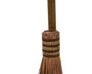 2431 - Antique Broom Decoration 22" long (Description): Antique broom decoration featuring a wooden  handle with traditional straw bristles bound  with decorative bands. Measures 22 inches  long.