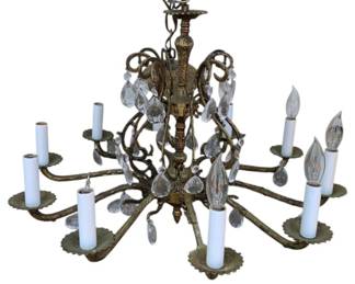 3007 - Vintage Brass 24" Chandelier w/ Prisms (Description): Used as is electric/electronic/mechanical  item. No guarantee all components, untested.