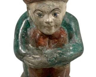 2448 - Gnome Statue 13.5" tall (Description): A painted gnome statue featuring a figure  with a pointed hat, kneeling posture, and  polychrome painted finish. The piece measures  13.5 inches tall and shows character and age  with a weathered patina throughout.