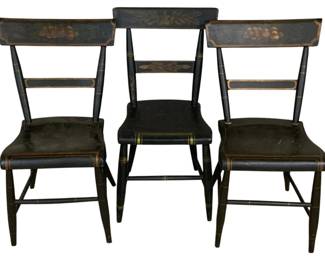 2487 - 3 Decorated Primitive Plank Seat Chairs (Description): 32 x 18.5 x 18
