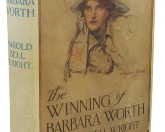 20 - 1911 The Winning of Barbara Worth w/ Dust (Description): The Winning of Barbara Worth by Harold Bell  Wright, August 1911 edition, published by  A.L. Burt Company. This hardcover volume  retains its original dust jacket featuring an  illustrated portrait of a woman in a wide-brimmed hat. The dust jacket shows  age-related toning and wear consistent with  its early twentieth century publication date.