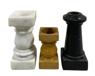 2471 - 3 Marble Candleholders (Description): A three-piece lot of marble candleholders.  The collection includes variations in color  and style, each crafted from solid marble.
