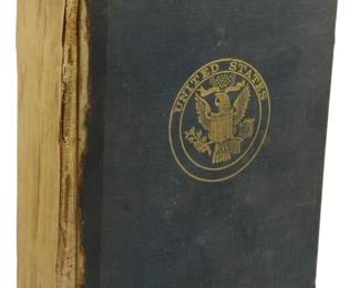 11 - 1908 A Student's History of the United States (Description): A Student's History of the United States,  1908 edition. This hardcover volume features  a dark blue cloth binding with a gilt-stamped  United States seal on the front cover  depicting the American eagle. The spine shows significant wear with exposed binding  material and fraying at the edges. The book  displays age-appropriate wear consistent with  its early 20th century publication date.