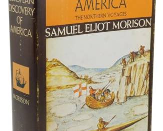 33 - 1971 1st Ed European Discovery of America (Description): The European Discovery of America: The  Northern Voyages by Samuel Eliot Morison,  published by Oxford in 1971. This is a first  edition copy with dust jacket. The dust  jacket features an illustration of early explorers in a boat with a Native American in  a kayak in the foreground. The book is  hardcover with a dark blue spine. The dust  jacket shows some wear and edge damage.