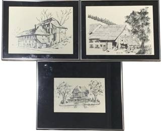 2857 - 3 Framed Line Drawing Prints by Michael Morrow (Description): 11 x 13.5 - pencil signed & #4/250 (bottom  one) 10 x 12.5 - pencil signed & # 8/250 (top  right one) 10 x 12.5 - signature not discernible (top left one)