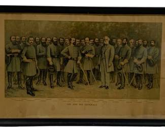 2125 - Vintage "Lee and His Generals" Print 17"x29.5" (Description): Framed print titled "Lee and His Generals"  depicting Confederate General Robert E. Lee  surrounded by his officers. The print  measures 17 inches by 29.5 inches.