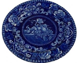 2039 - Blue/White Plate 10" round (Description): Blue and white transferware plate featuring a  decorative floral and fruit design. Measures  10 inches round.