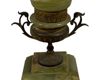 2071 - Alabaster Compote 9" (Description): An alabaster compote measuring 9 inches. This  decorative piece features an urn-form  alabaster bowl mounted on a bronze base with  ornate scrolled handles and detailed  metalwork, resting on a square alabaster plinth.