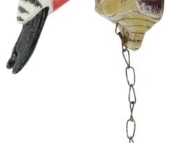 100 - Cast Iron Woodpecker Bird Knocker 15" (Description): Cast iron bird knocker featuring a  hand-painted woodpecker perched on a tree  stump. The bird is decorated in black and  white with red accents on the head and  underside. A chain with a small bell hangs from the bottom of the stump. Measures 15  inches in length.