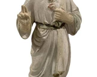2445 - Religious Statue 14" tall (Description): Religious statue measuring 14 inches tall.  The figure appears to be a sacred heart  depiction, featuring hand-painted details and  standing on a circular base.
