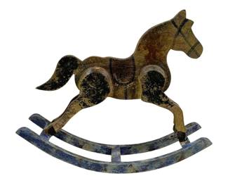 2454 - Wood Rocking Horse Decoration 18"x15"x4" (Description): A decorative wooden rocking horse with  painted details and weathered finish. The  piece measures 18 inches by 15 inches by 4  inches.
