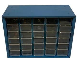 2059 - Metal Storage Bin 9.5"x13"x6.5" (Description): Metal storage bin featuring multiple small  pull-out drawers with clear plastic fronts  for easy visibility of contents. Ideal for  organizing small parts, hardware, or craft  supplies. Measures 9.5 inches by 13 inches by 6.5 inches.