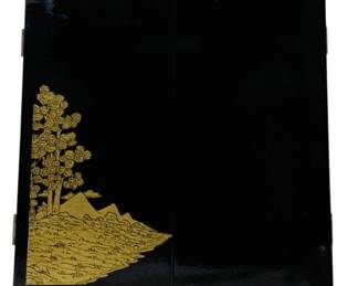 2452 - Wood Shadowbox Frame 10.5"x6.1" (Description): A wood shadowbox frame featuring black  lacquer finish with gold decorative landscape  design depicting trees, mountains, and  water. The frame has double doors with  hinges. Measures 10.5 inches by 6.1 inches.