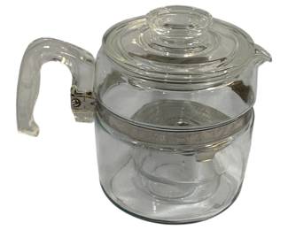 5207 - Pyrex Flameware Coffee Pot w/ Lid & Basket (Description): 7.5 x 9 - missing stem