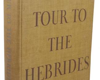 46 - 1936 Boswell's Journal Tour to the Hebrides (Description): A 1936 edition of Boswell's Journal of A Tour  to the Hebrides. This classic work documents  James Boswell's travels through the Scottish  Hebrides. The book features a tan cloth  binding with the title printed in brown lettering on the front cover and spine.