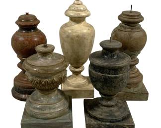 2438 - 5 Candle Prickets 14" Tall (Description): A set of five candleholders in assorted  shapes and finishes. The tallest measures 14  inches tall.